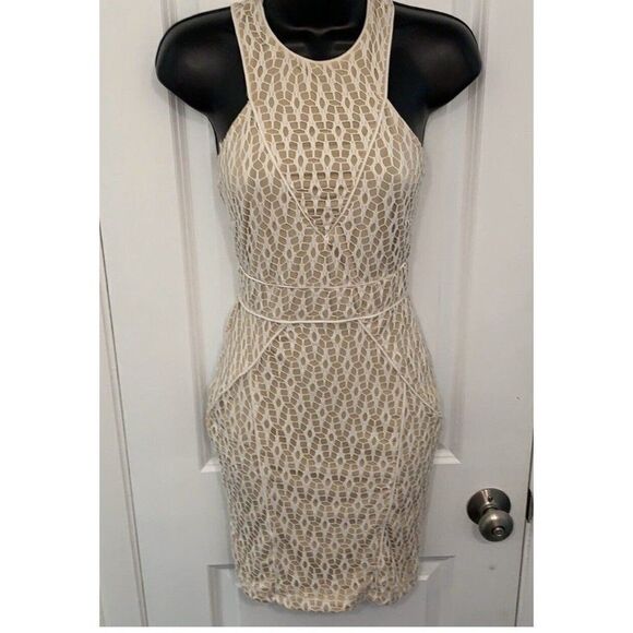 Bebe Addiction New Nylon White Beige Netting Tank Mini Bodycon Dress Xs - Picture 1 of 8